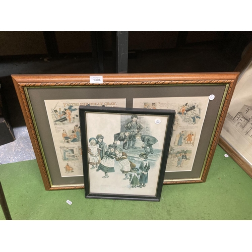 1304 - TWO FRAMED PRINTS ONE OF VICTORIAN CHILDREN PLAYING MARBLES AND ONE A COMIC STYLE FAITHLESS NELLY GR... 