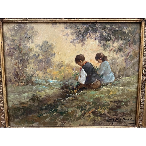 78 - A GILT FRAMED OIL ON BOARD OF TWO CHILDREN BY A RIVER SIGNED 29.5CM X 23CM