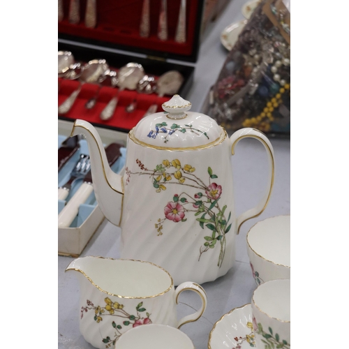 137 - A MINTON 'DAINTY SPRAYS' COFFEE SET TO INCLUDE A COFFEE POT, CREAM JUG, SUGAR BOWL, CUPS AND SAUCERS