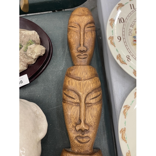 183 - A CARVED WOODEN 'THREE FACES' TRIBAL SCULPTURE, HEIGHT 59CM