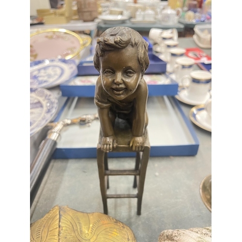 279 - A SIGNED BRONZE CHILD ON A CHAIR, HEIGHT 24CM