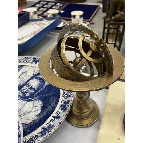 285 - A BRASS ARMILLARY SPHERE GLOBE, HEIGHT APPROX 21CM