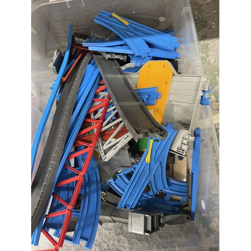 364 - TWO BOXES OF TOMY RAIL TRACK WITH ACCESSORIES TO INCLUDE TURNTABLE, TRAINS, CARRIAGES, ETC.,