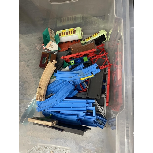 364 - TWO BOXES OF TOMY RAIL TRACK WITH ACCESSORIES TO INCLUDE TURNTABLE, TRAINS, CARRIAGES, ETC.,