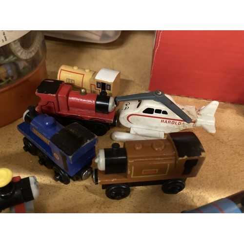 365 - EIGHT VINTAGE WOODEN THOMAS THE TANK ENGINE TRAINS TO INCLUDE JAMES, GORDON, SIR HANDEL, CLARABEL, D... 