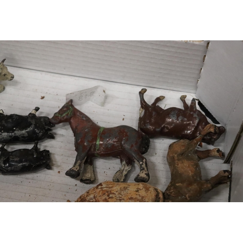 411 - A QUANTITY OF LEAD AND ELASTOHN VINTAGE FARM ANIMALS - SOME A/F - SOME MARKED UNDERNEATH