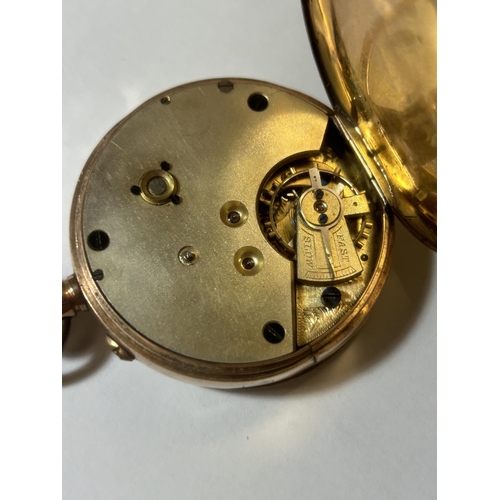 514 - A 9CT YELLOW GOLD OPEN FACED POCKET WATCH GROSS WEIGHT 89.24 GRAMS WITH LEVER ESCAPEMENT AND A ROMAN... 