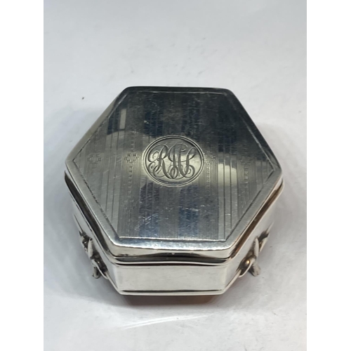 93 - A HALLMARKED BIRMINGHAM SILVER HEXAGANOL LIDDED POT ON THREE LEGS GROSS WEIGHT 42 GRAMS