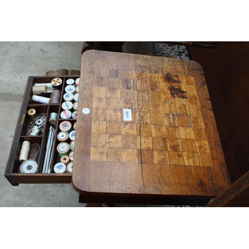 2511 - A VICTORIAN SEWING TABLE WITH SINGLE DRAWER, PULL OUT STORAGE SECTION AND GAMES TOP, 18