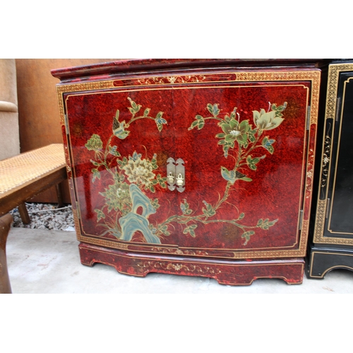 2514 - A 19TH CENTURY STYLE RED GROUND TWO-DOOR SIDE CABINET WITH CHINOISERIE DECORATION, 32