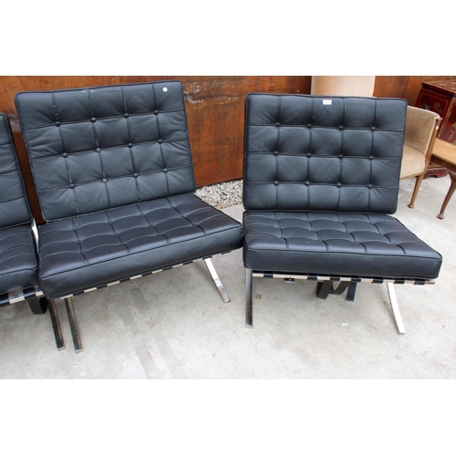 2517 - A PAIR OF BLACK BARCELONA STYLE CHAIRS ON POLISHED CHROME X FRAME LEGS