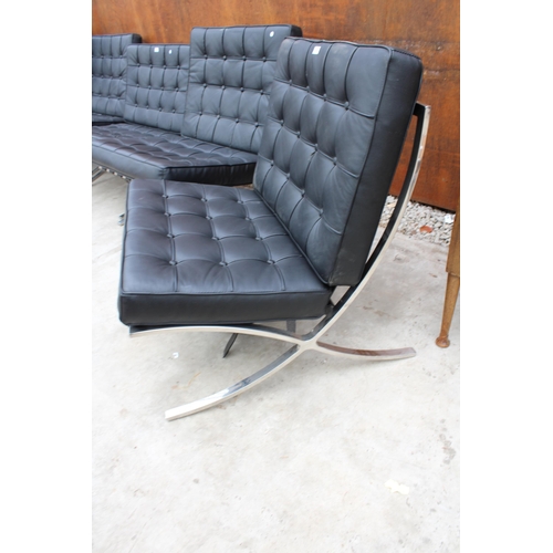 2517 - A PAIR OF BLACK BARCELONA STYLE CHAIRS ON POLISHED CHROME X FRAME LEGS