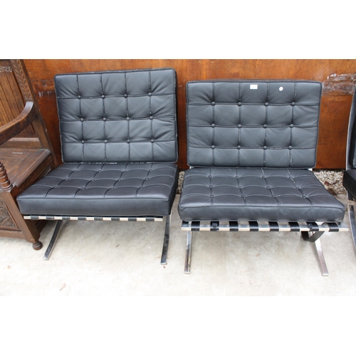 2518 - A PAIR OF BLACK BARCELONA STYLE CHAIRS ON POLISHED CHROME X FRAME LEGS