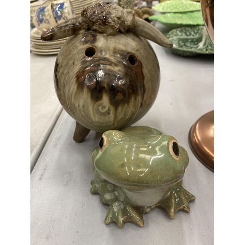 106 - A LARGE STUDIO POTTERY MONEY PIG PLUS A FROG ORNAMENT