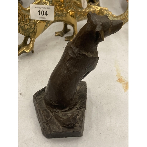 109 - A STONE FIGURE OF A DOG WITH A BRONZED FINISH, HEIGHT 10CM