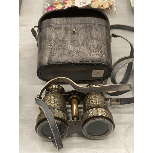 237 - A PAIR OF BRASS BINOCULARS IN A LEATHER CASE