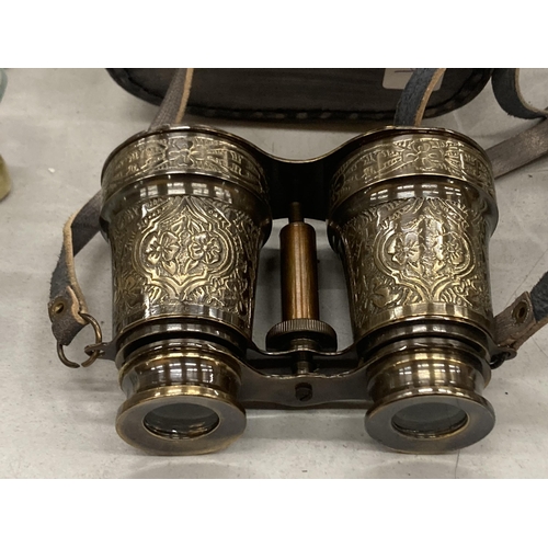 237 - A PAIR OF BRASS BINOCULARS IN A LEATHER CASE