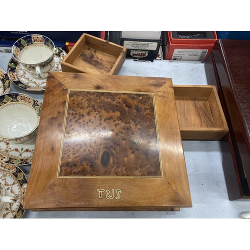 241 - TWO THUYA WOODEN BOXES ONE WITH FOUR COMPARTMENTS TOGETHER WITH A HAND BEATEN SILVER COLOURED BOWL