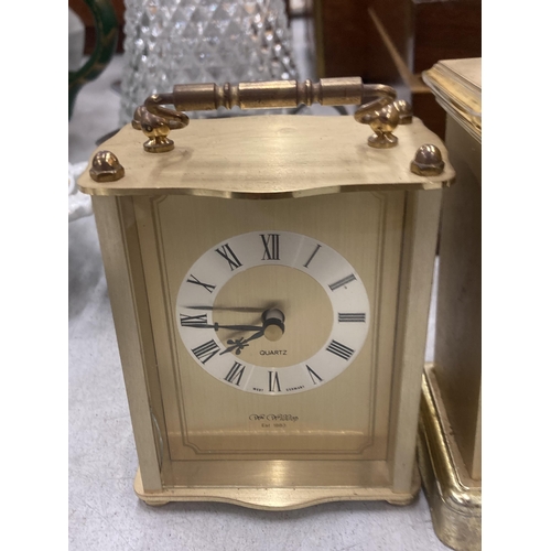 255 - THREE BRASS CLOCKS TO INCLUDE W. WIDDUP, STAIGER AND HERMLE