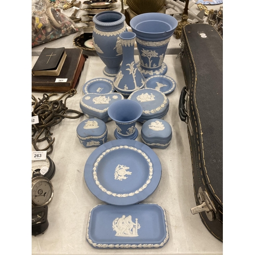 260 - A LARGE QUANTITY OF WEDGWOOD JASPERWARE POWDER BLUE TO INCLUDE TRINKET BOXES, VASES, PIN DISHES, ETC... 