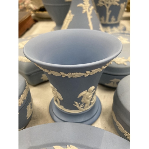 260 - A LARGE QUANTITY OF WEDGWOOD JASPERWARE POWDER BLUE TO INCLUDE TRINKET BOXES, VASES, PIN DISHES, ETC... 