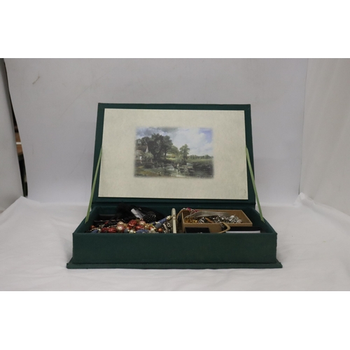 145 - A BOX CONTAINING A QUANTITY OF COSTUME JEWELLERY