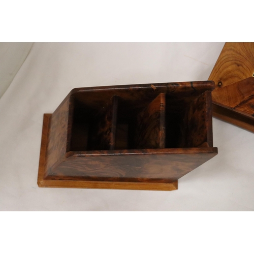 146 - A THUYA WOODEN BOX WITH FOUR COMPARTMENTS TOGETHER WITH A WOODEN DESK TIDY AND PUZZLE BOX