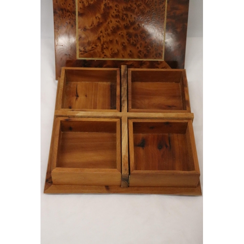 146 - A THUYA WOODEN BOX WITH FOUR COMPARTMENTS TOGETHER WITH A WOODEN DESK TIDY AND PUZZLE BOX