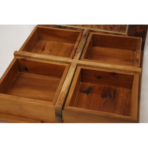 146 - A THUYA WOODEN BOX WITH FOUR COMPARTMENTS TOGETHER WITH A WOODEN DESK TIDY AND PUZZLE BOX