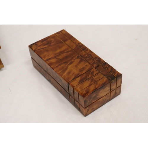 146 - A THUYA WOODEN BOX WITH FOUR COMPARTMENTS TOGETHER WITH A WOODEN DESK TIDY AND PUZZLE BOX