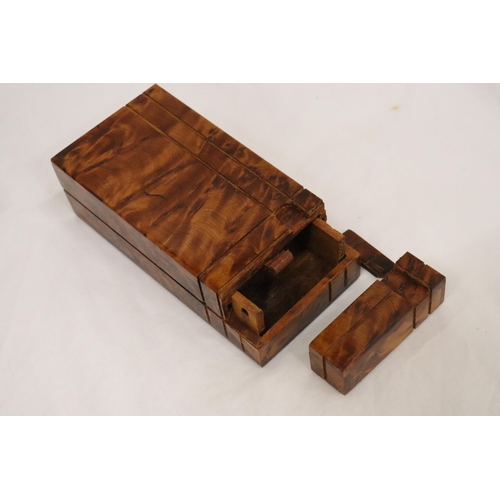 146 - A THUYA WOODEN BOX WITH FOUR COMPARTMENTS TOGETHER WITH A WOODEN DESK TIDY AND PUZZLE BOX