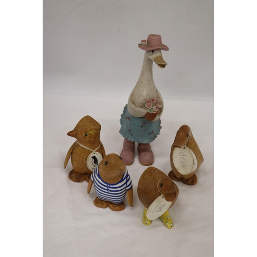 158 - FIVE WOODEN DCUK'S TO INCLUDE GUINS PENGUIN, BILLIE, NAOMI, ETC.,