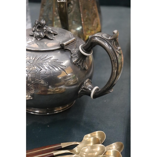 159 - TWO SILVER PLATE ANTIQUE FOOTED ORNATE TEAPOTS ONE  WITH FLOWER FINIAL THE OTHER STAMPED 1752 TOGETH... 