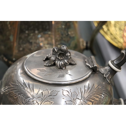 159 - TWO SILVER PLATE ANTIQUE FOOTED ORNATE TEAPOTS ONE  WITH FLOWER FINIAL THE OTHER STAMPED 1752 TOGETH... 