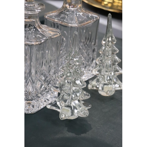 160 - A CRYSTAL AND AND BRASS COLOURED CANDLEARBRA TOGETHER WITH TWO CRYSTAL DECANTERS AND CHRISTMAS TREE ... 