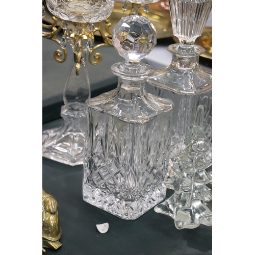 160 - A CRYSTAL AND AND BRASS COLOURED CANDLEARBRA TOGETHER WITH TWO CRYSTAL DECANTERS AND CHRISTMAS TREE ... 