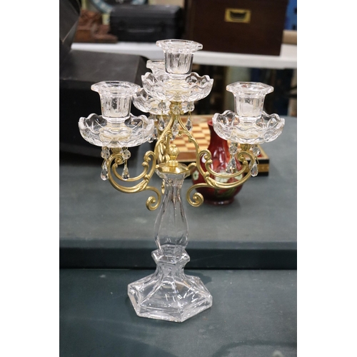 160 - A CRYSTAL AND AND BRASS COLOURED CANDLEARBRA TOGETHER WITH TWO CRYSTAL DECANTERS AND CHRISTMAS TREE ... 