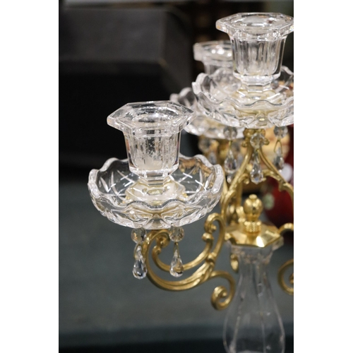 160 - A CRYSTAL AND AND BRASS COLOURED CANDLEARBRA TOGETHER WITH TWO CRYSTAL DECANTERS AND CHRISTMAS TREE ... 