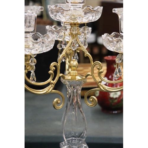 160 - A CRYSTAL AND AND BRASS COLOURED CANDLEARBRA TOGETHER WITH TWO CRYSTAL DECANTERS AND CHRISTMAS TREE ... 