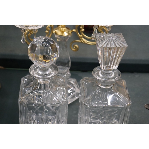 160 - A CRYSTAL AND AND BRASS COLOURED CANDLEARBRA TOGETHER WITH TWO CRYSTAL DECANTERS AND CHRISTMAS TREE ... 