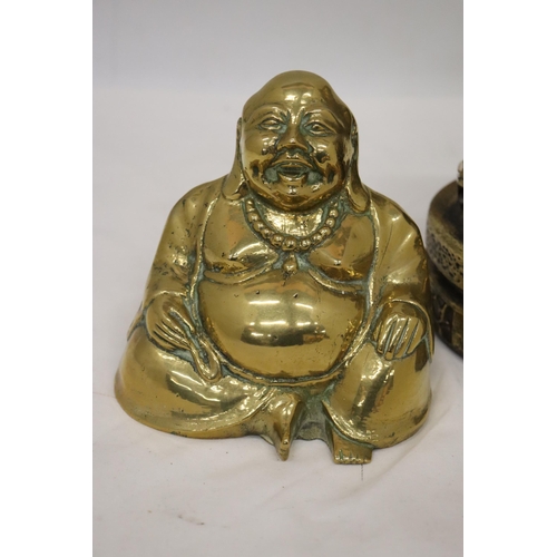 164 - A LARGE RESIN LAUGHING BHUDDA TOGETHER WITH A SMALL BRASS LAUGHING BHUDDA