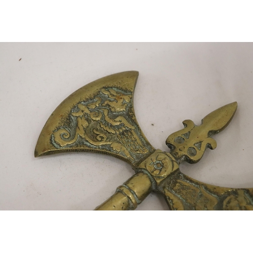 166 - A SOLID BRASS DOUBLE SIDED BATTLE AXE