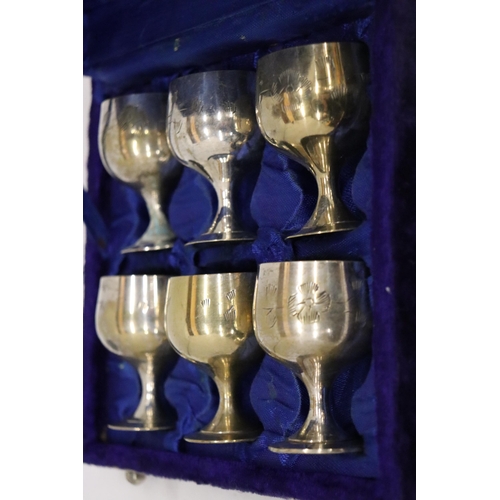 168 - A SET OF SIX SMALL SILVER PLATED GOBLETS IN A PRESENTATION CASE