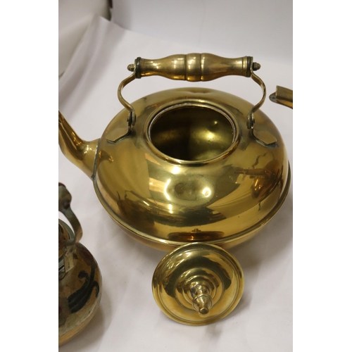 170 - TWO BRASS KETTLES, A CLOISONNE KETTLE AND A TRIVET