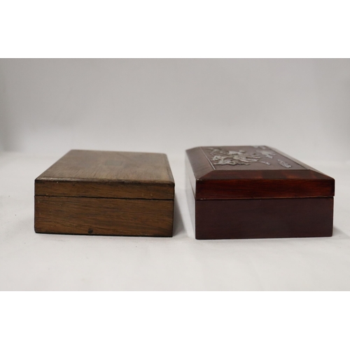 183 - A VINTAGE OAK BOX WITH BRASS ESCUTCHEON, PLUS AN ORIENTAL STYLE WITH MOTHER OF PEARL DECORATION