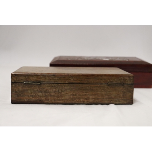 183 - A VINTAGE OAK BOX WITH BRASS ESCUTCHEON, PLUS AN ORIENTAL STYLE WITH MOTHER OF PEARL DECORATION