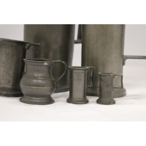 198 - A COLLECTION OF ANTIQUE FRENCH PEWTER TANKARDS OF VARYING SIZES - 6 IN TOTAL