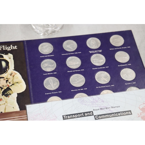 205 - A COLLECTION OF STAMPS, COINS, A PIN AND A PAPERWEIGHT TO INCLUDE 25TH ANNIVERSERY COINS OF QUEEN AN... 