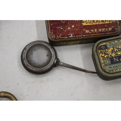 206 - A SELECTION OF VINTAGE TINS PLUS AN OIL CAN