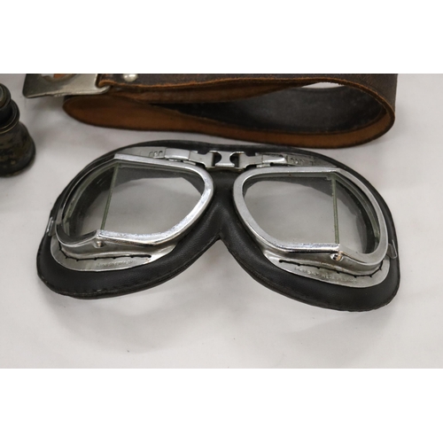 214 - FIVE VINTAGE WAR ITEMS TO INCLUDE PILOT GOGGLES, HEADPHONES, PLANE, BELT AND BINOCULARS